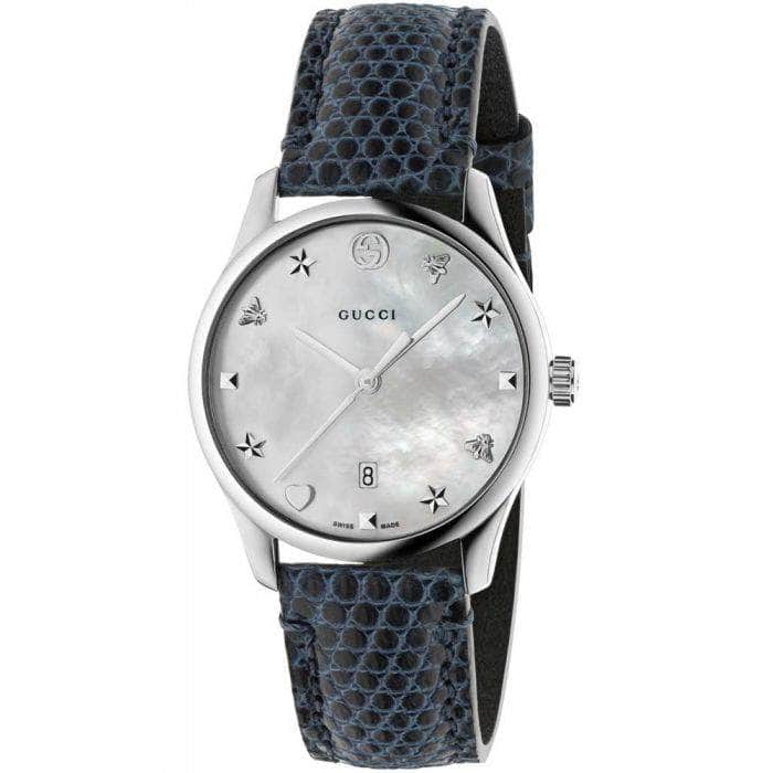 Gucci Watch Gucci YA126588 Women's G-Timeless Leather Strap Watch, Navy/Mother of Pearl YA126588