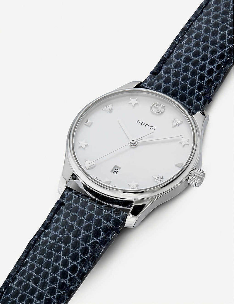 Gucci Watch Gucci YA126588 Women's G-Timeless Leather Strap Watch, Navy/Mother of Pearl YA126588