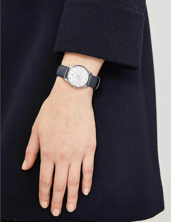 Gucci Watch Gucci YA126588 Women's G-Timeless Leather Strap Watch, Navy/Mother of Pearl YA126588