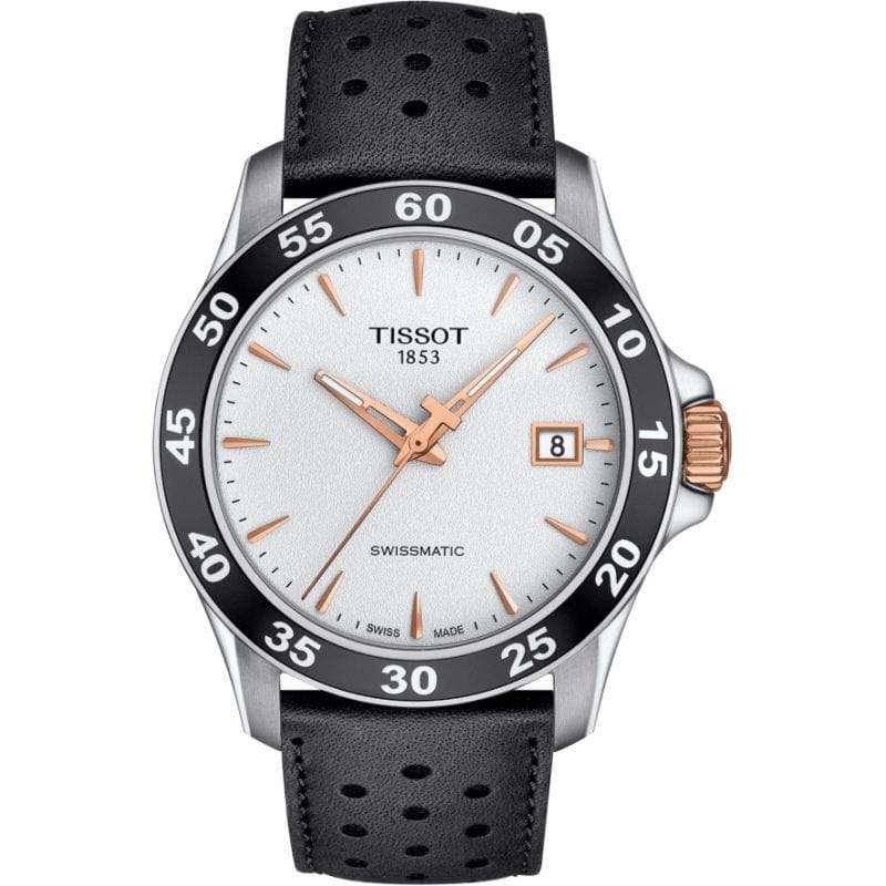 Tissot Watch Tissot V8 Classic Swissmatic Watch | White & Rosegold Dial with Black Leather Bracelet